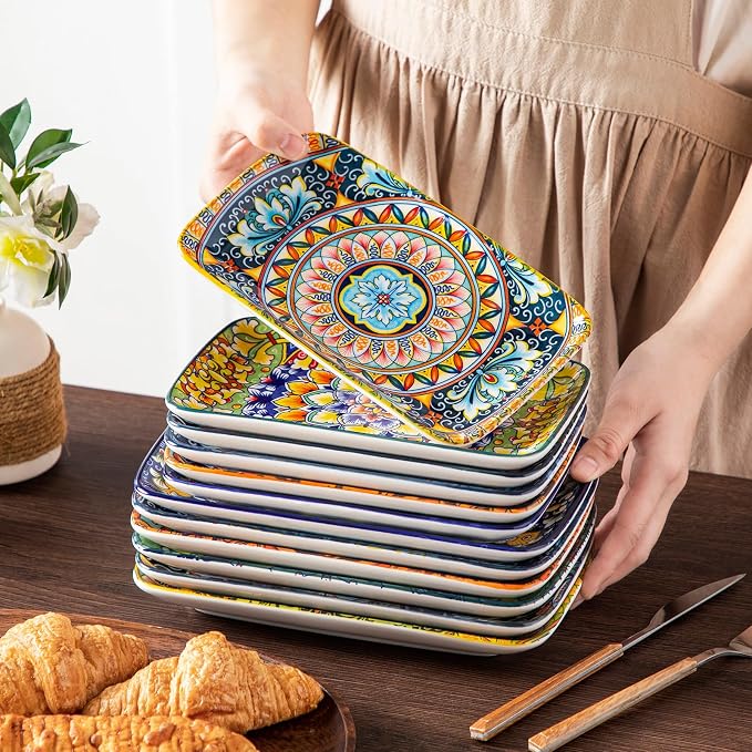 vancasso Simi 9.5 Inch Rectangular Dinner Plates Set of 6 - Bohemian Floral Design in 6 Vibrant Colors, Microwave & Dishwasher Safe Porcelain Plates for Salad, Appetizers, Entertaining