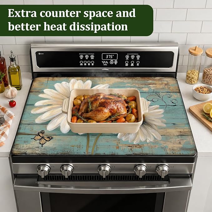 Daisy Flower Stove Top Covers for Electric Stove,Vintage Wood Electric Gas Stove Pad Heat Resistant Range Cooktop Protector for Home Decor Kitchen 28.5"x20.5"