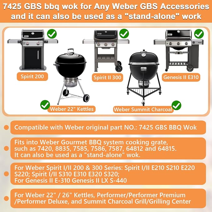 7425 Gourmet BBQ System Wok for Weber Gourmet BBQ System Cooking Grates, Cast Iron, Black, Heavy Duty, Compatible with Weber Spirit II 200/300, Genesis II E-310, Summit, and More