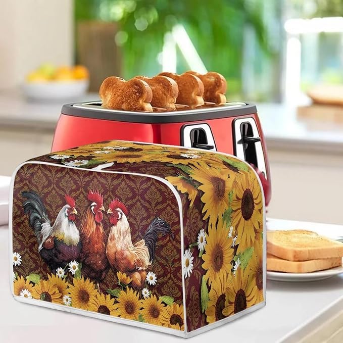 Chicken Rooster Sunflower Print Toaster Cover Kitchen Broiler Appliance Organizer Bag, Antidust Bakeware Protector, Washable Small Appliance Cover