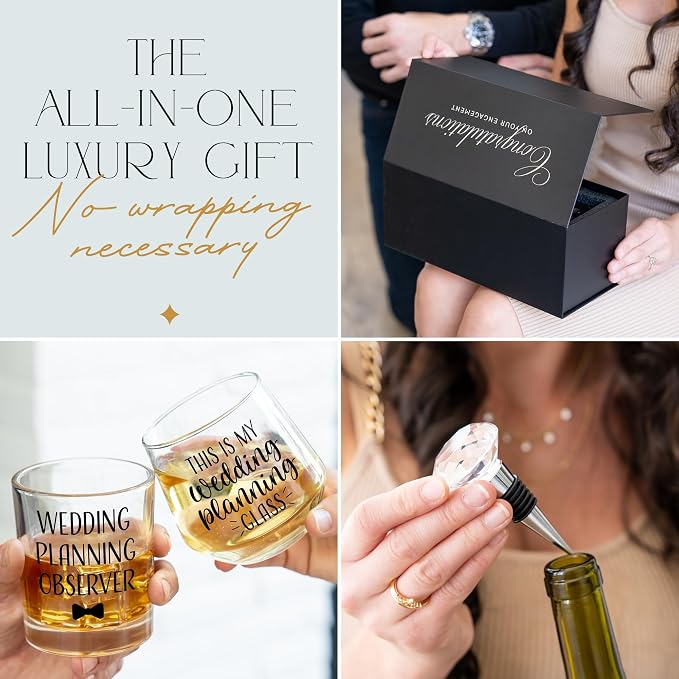 Wedding Planning Glass Engagement Gifts for Couples - Wine Whiskey Fiance Gift for Her and Him - Newly Engaged Couple Unique Glasses with Diamond Wine Stopper