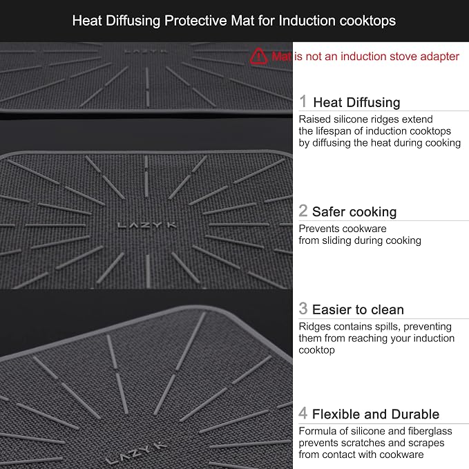 Induction Cooktop Mat - Silicone Fiberglass Scratch Protector - for Magnetic Stove - Non slip Pads to Prevent Pots from Sliding during Cooking - Square (9inches) Gray
