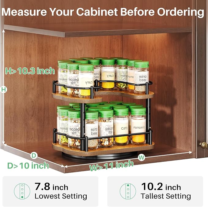 Spice Organization for Cabinet, Lazy Susan Spice Rack, 10 in, Black | Height Adjustable, Rotating Spice Organizer for Countertop, Fits Cabinets Wide＞ 11 in, Height ＞10.5 in