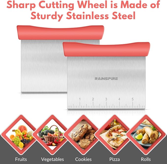 Upgraded 304 Stainless Steel Multi-Purpose Bench Scraper with Measurement Marks, Dishwasher Safe, Dough Cutter for Pizza, Bread and Cookie Dough Vegetable Chopper, Baking Supplies (Coral)