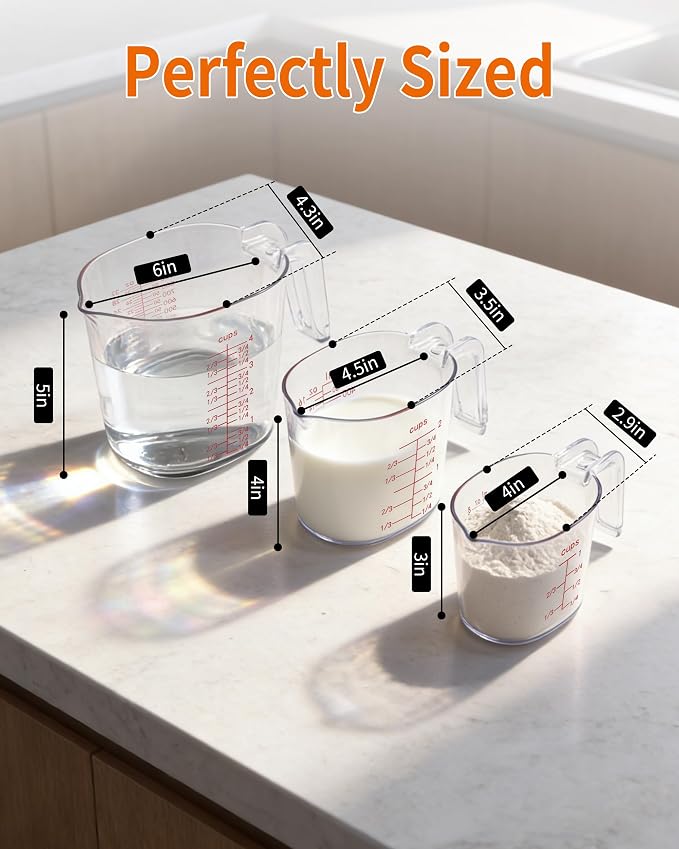 -BINGBING- Measuring Cups Set of 3, Plastic, Nesting Design, Pour Spout | 1L, 2 Cup, 1 Cup with Ml & Oz Markings, Non-Slip Base & Pour Spout for No Mess, Nesting Design for Kitchen, Baking & Cooking