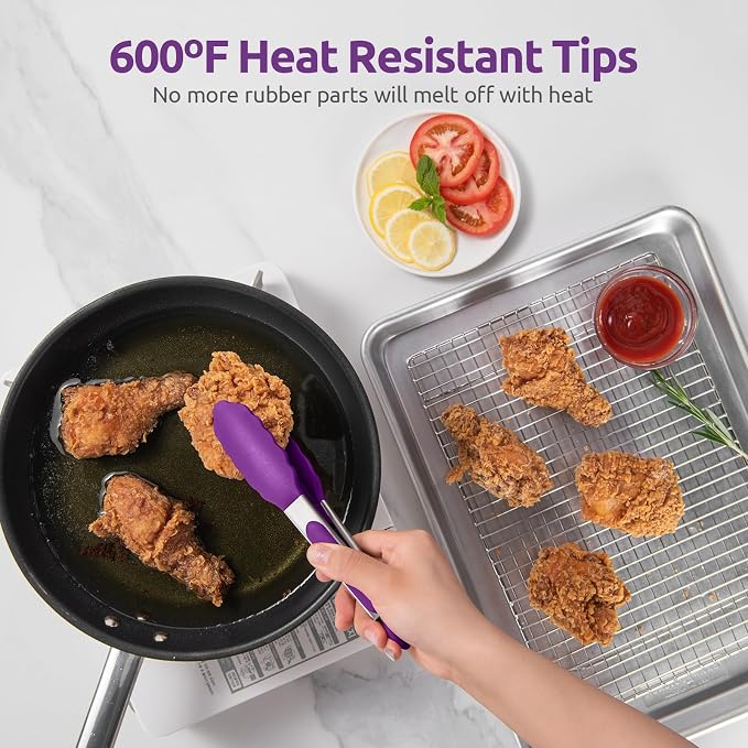 U-Taste Kitchen Tong for Cooking, 600ºF Heat-Resistant Tps, 7in/Purple | Small Mini Silicon Tongs for Serving Food, Short Salad Thong with Non Stick Rubber Tips & 18/8 Stainless Steel Handle