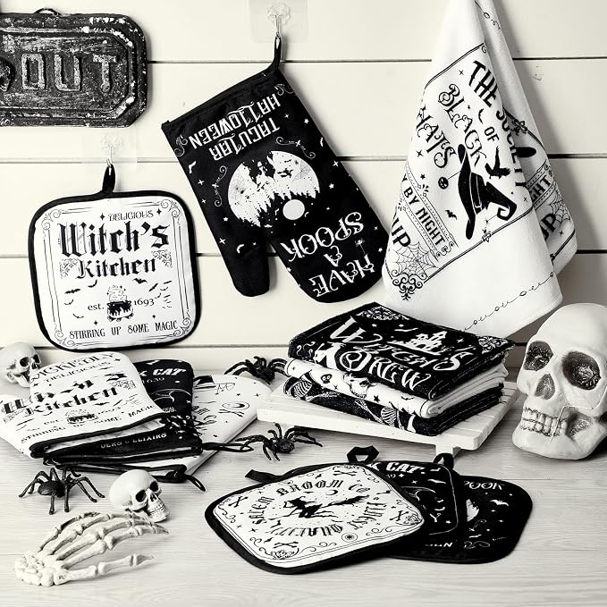 SiliFine 12 Pcs Halloween Kitchen Towels Oven Mitts Pot Holders Set | Gothic Witch Black Cat Skull Prints, Halloween Kitchen Accessories, Home Cooking Baking Protection, Holiday Decorations
