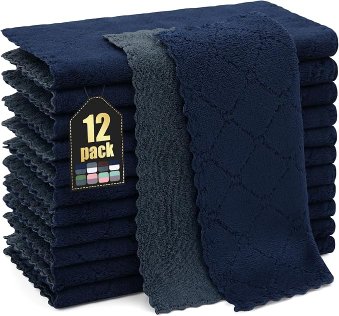 Homaxy 12 Pack Super Soft Dish Cloths, 10" x 10", Dark Grey & Navy Blue | Coral Velvet, Nonstick Oil Fast Drying Microfiber Cleaning Cloth, No Lint Household Dishcloths