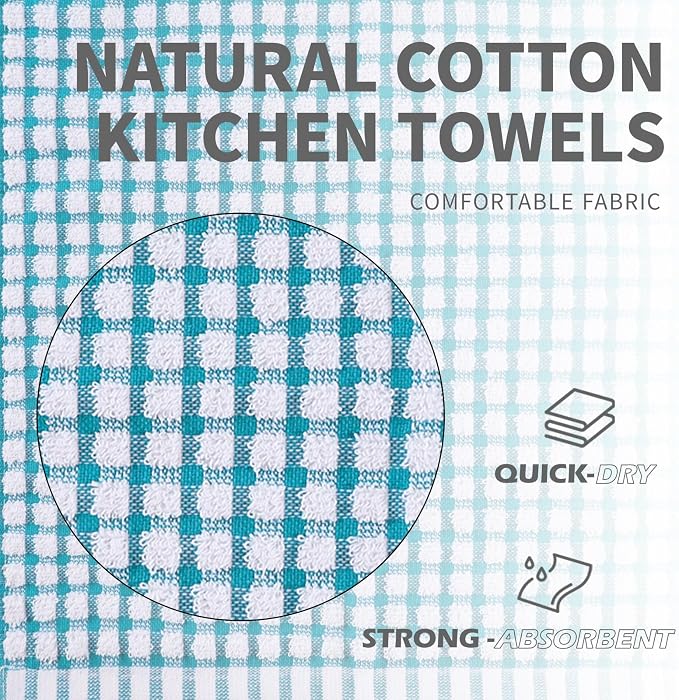 Cotton Kitchen Towels 8 Pack, 15x26 Checkered Dish Towels | Highly absorbent terry cloth towels for drying dishes, wiping spills, and kitchen cleaning. Machine washable and quick dry