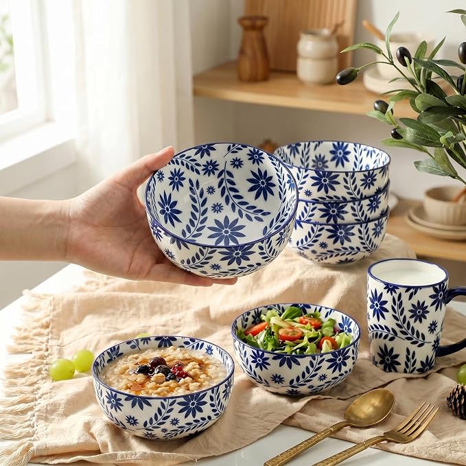 Cereal Bowls Set of 6, 28 Ounces Soup Bowls, Bohemian Ceramic Bowls for Rice, Salad, Oatmeal, Fruit, Large Bowl Set for Kitchen Decor, Microwave and Dishwasher Safe, Blue