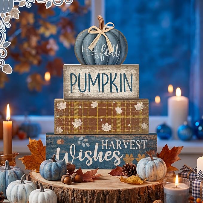 Lineshading 4 Pcs Blue Pumpkin Wooden Block Signs Fall Farmhouse Decor | Tiered Tray Tabletop Centerpiece, Harvest Wishes Thanksgiving Display, Rustic Stacked Signs with Buffalo Plaid Bow Accent
