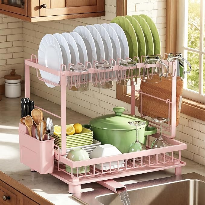 2-Tier Dish Drying Rack for Kitchen Counter, Space-Saving, Pink | Rustproof Carbon Steel, Auto Drain Spout, Space-Saving Dish Rack with Drainboard, Utensil & Cup Holders, Countertop Organizer