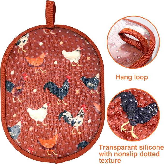 Pot Holders with Transparent Clear Silicone Shell and Nice Rooster Flower | Potholders Cotton Lining Set of 2, Heat Resistant to 500 F Kitchen Oven Gloves for Cooking (Rooster flower, Potholders)