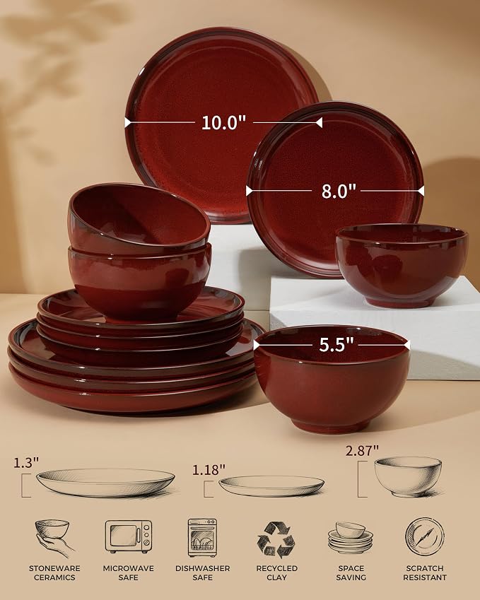 Santorini Mist Terracotta Reactive Glaze Plates and Bowls Sets, Stoneware Dinnerware Sets, Microwave and Dishwasher Safe Ceramic Dish Set Service for 4, Terracotta Red