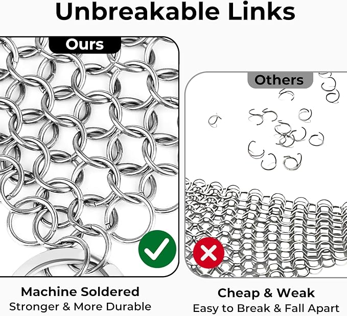 Amagabeli Cast Iron Cleaner 8"x6" Premium Stainless Steel Chainmail Scrubber Cast Iron Skillet Cleaner for Pan Pot Wok Griddles BBQ Grills Cast Iron Cleaning