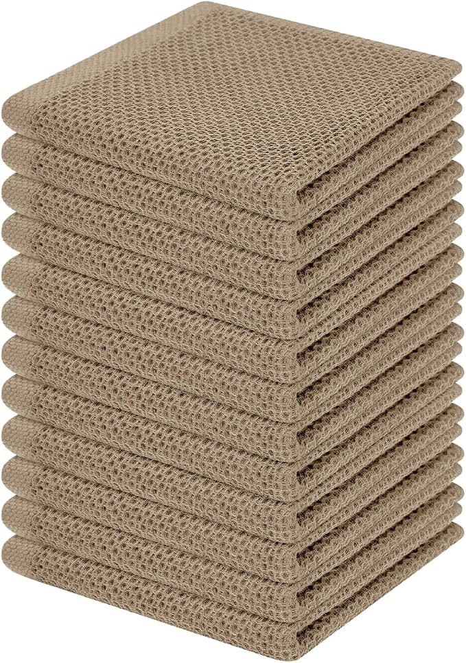 Homaxy 100% Cotton Waffle Weave Kitchen Dish Cloths 12-Pack, Tan | 12 x 12 Inches, Ultra Soft Absorbent Dish Towels, Quick Drying Dish Rags with Hanging Loop