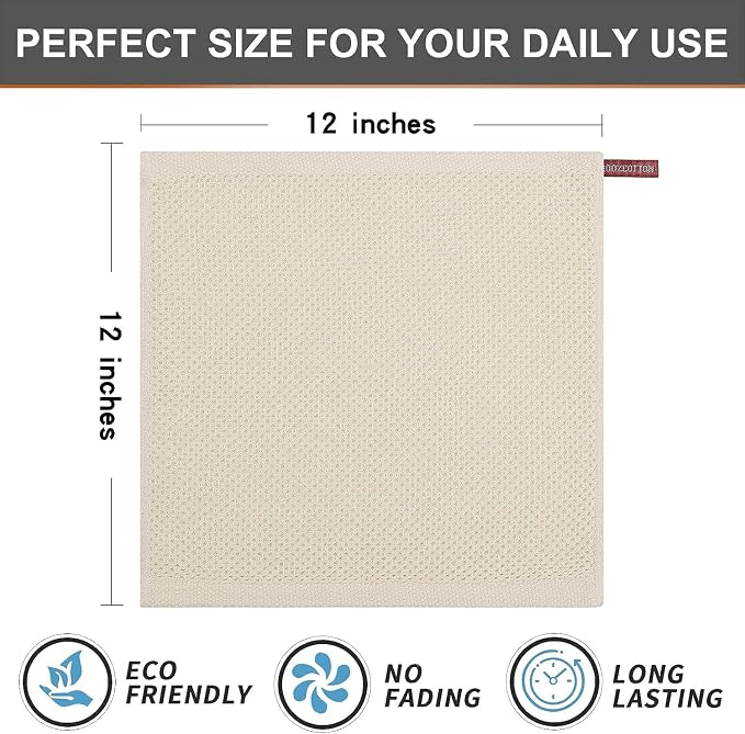 Kitinjoy 100% Cotton Waffle 12-Pack Kitchen Towels, 12" x 12", Beige | Ultra Absorbent, Super Soft, lightweight, Quick Drying Dish Rags for Washing Dishes