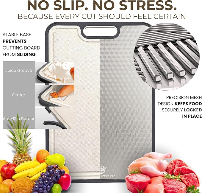 15.5 x 10 Inch Titanium Cutting Board for Kitchen, Double Sided Pure Titanium & Wheat Straw Chopping Board, Non Toxic Metal Cutting Board with Juice Groove, Non Slip Base, Scratch Reduction Mesh