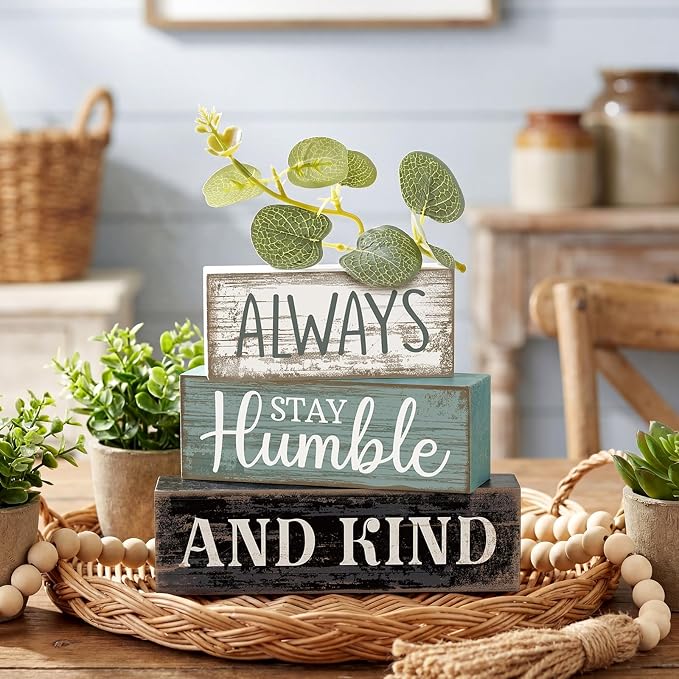 Lineshading 4 Pcs Inspirational Farmhouse Table Decor Wooden Shelves Signs | Always Stay Humble and Kind Quote, Rustic Wooden Blocks, Eucalyptus Accent, Tiered Tray Tabletop Home Decor Gift