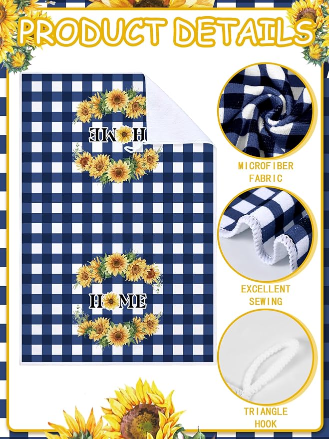 4 Pcs Sunflower Kitchen Towels Set, Hand Tea Towels Gifts | Absorbent Fast Drying Dish Clothes Floral Blue White Plaid Decor Housewarming Gift for Cooking Bathroom Kitchen Decor