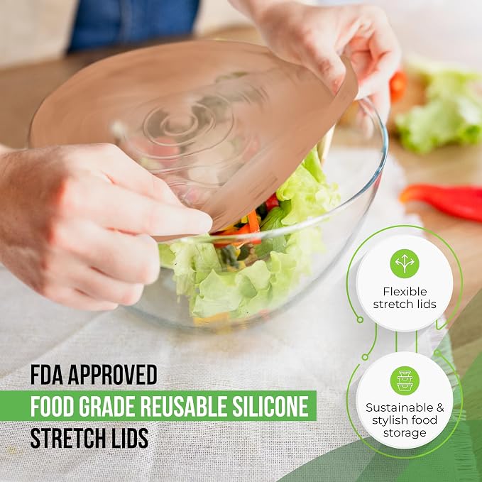 Reusable Silicone Stretch Lids for Food Storage in Fridge - Elastic Heat-Resistant Bowl Covers, Cups, Cans, Jars - Universal Food Grade Lid for Round and Rectangle Containers -7 Pack - Peach Glow