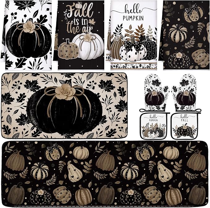 Fanfanwin 10 Pcs Fall Black Pumpkin Kitchen Decor Set Kitchen Towels Pot Holders Oven Mitts and Rugs Set Thanksgiving Towels for Cooking Baking Gift Harvest Autumn Home Decor