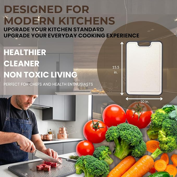 15.5 x 10 Inch Titanium Cutting Board for Kitchen, Double Sided Pure Titanium & Wheat Straw Chopping Board, Non Toxic Metal Cutting Board with Juice Groove, Non Slip Base, Scratch Reduction Mesh