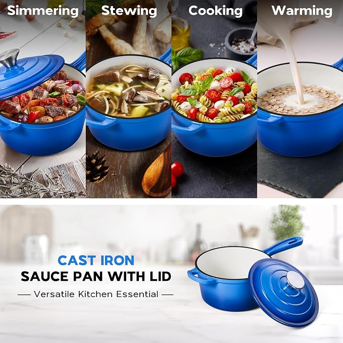 Onader 1 Quart Saucepan, Enameled Cast Iron Sauce Pan Pot, Small Kitchen Pot for Cooking with Lid, Enamel Dutch Oven Nonstick – Deep Blue