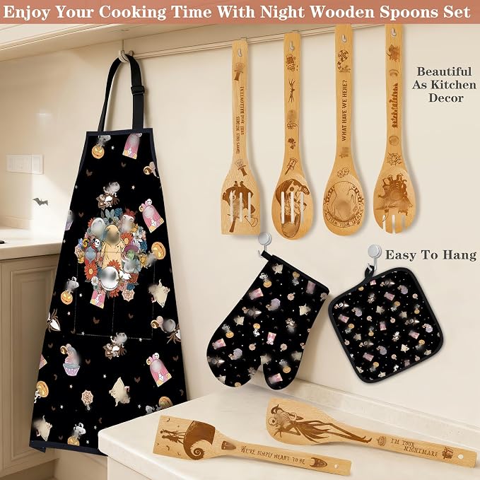 Night Christmas Gifts,Magic Pattern Wooden Cooking Spoons with Apron Oven Mitt Potholder-Halloween Kitchen Decor Cooking Utensils 9pcs,Night Gift for Fans,Women,Mother's Day,Housewarming