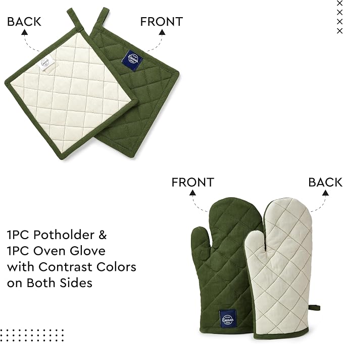 Encasa XO Oven Mitts and Pot Holders Set, Heat Resistant Cotton | Leaf Green, Diamond Quilted | Non-Slip Grip | Microwave & Oven Safe | Hanging Loop | Machine Washable | Set of 2