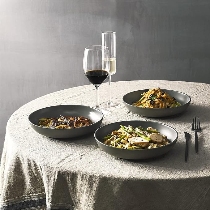 Y YHY Pasta Bowls Set of 6, Large Salad Serving Bowls, Porcelain Soup Bowls 30 Ounces, Wide and Flat, Microwave Dishwasher Safe, Matte Grey