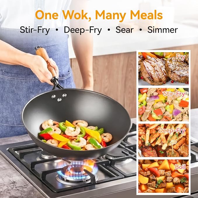 WANGYUANJI Carbon Steel Wok Pan - 12.6 Inch Flat Bottom Wok, Premium Stir Fry Pan, Uncoated Iron Woks for Induction Cookware and Gas Stoves