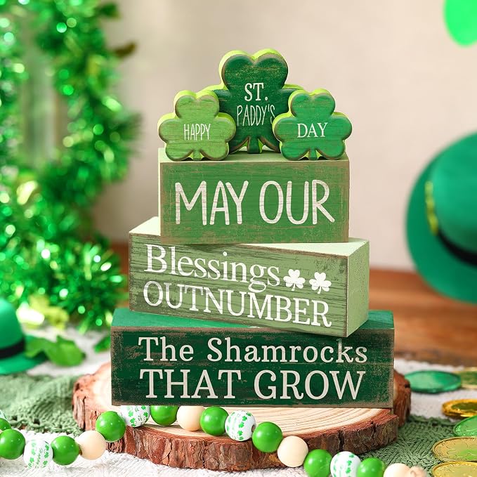Lineshading 4 Pcs Wooden Shamrocks Block Signs Farmhouse Tiered Tray | Rustic Tabletop Decoration, Stacking Design with Shamrock Cutouts, Irish Blessings Message, St. Patrick's Day Display