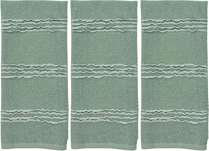 Sage Green Kitchen Hand Dish Towels, Set of 3, 100% Cotton, 18" x 28" | Modern Farmhouse Textured Stripe Weave, Oversized Dish Cloth, Soft & Absorbent, Quick Dry, Multipurpose Everyday Use