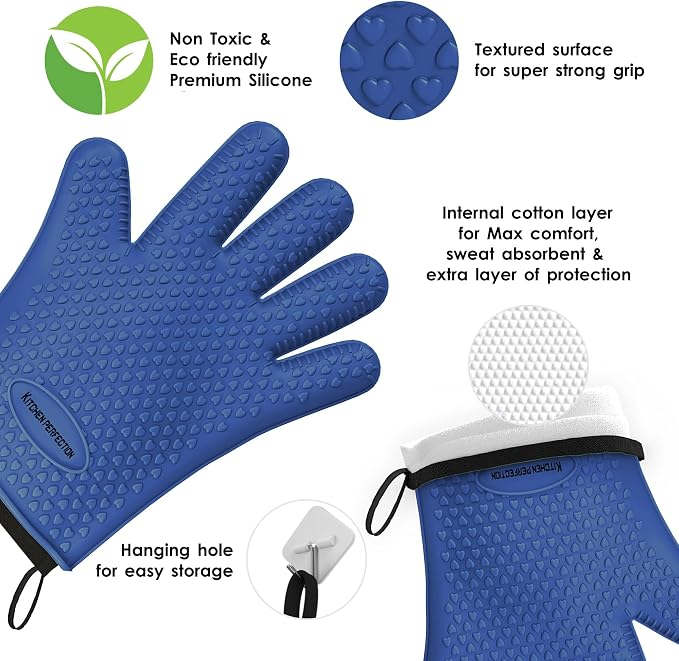 KITCHEN PERFECTION XL Silicone Smoker BBQ Gloves -Heat Resistant Oven Mitts | Waterproof, 5-Finger Design For A Better Grip, for Pitmasters, Meat Smoking, Grilling, Cooking, Frying Turkey | Grill Gift