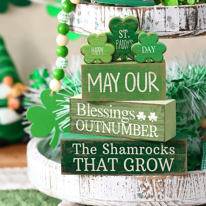 Lineshading 4 Pcs Wooden Shamrocks Block Signs Farmhouse Tiered Tray | Rustic Tabletop Decoration, Stacking Design with Shamrock Cutouts, Irish Blessings Message, St. Patrick's Day Display