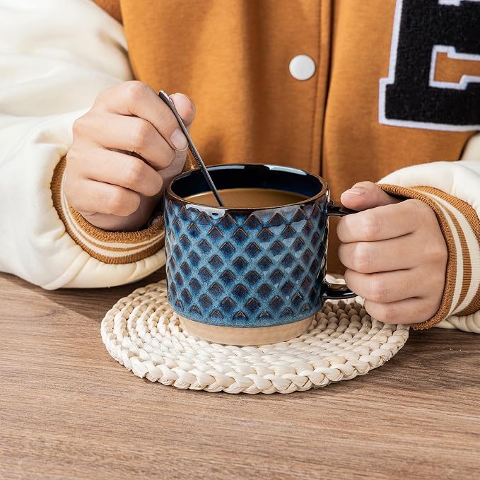 GBhome 12 OZ Stackable Coffee Mugs Set of 4, Ceramic Coffee Cups Set | 4 Assorted Designs, Embossed Mugs with Texture Patterns for Tea/Coffee, Dishwasher&Microwave Safe, Deep Blue