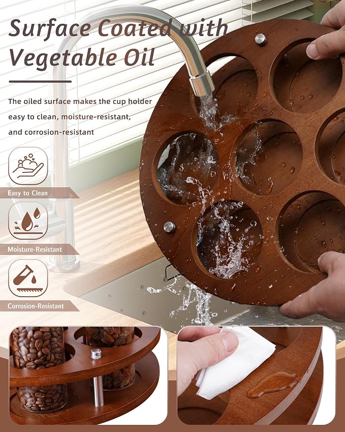 Rotating Wood Tumbler Organizer, 30 oz 40 oz Spinning Turnable Tumblers Holder, 360° Rotatable 7 Large Cups Bottle Tumbler Storage Display Stand, Rotate Syrup Organizer for Cabinet Countertop