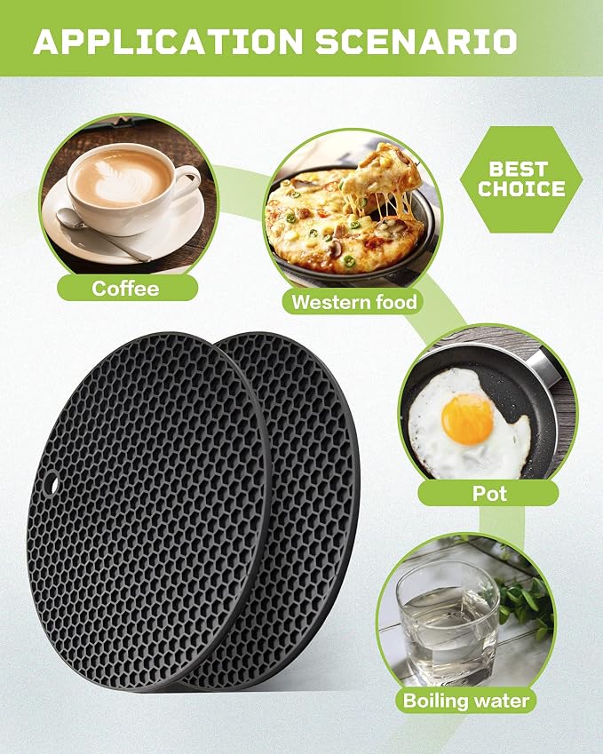 Wapodeai 2pcs Silicone Mats for Kitchen Counter,Pot Holders,Trivet,Hot Pads | Potholders for Kitchens,Trivets for Hot Pots,Flexible & Easy to Wash and Dry (Black)