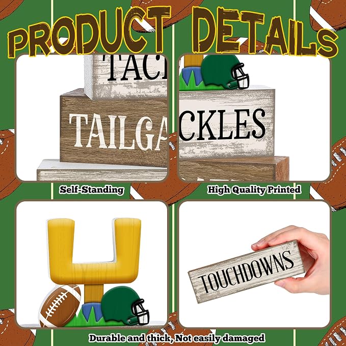 Lineshading 4 Pcs Fall Football Table Decor, Wood Block Sign Home Shelf | Football Table Centerpiece for Tiered Tray, Rustic Sport Game Wooden Block for Fans Club Tailgate Birthday Party Decor