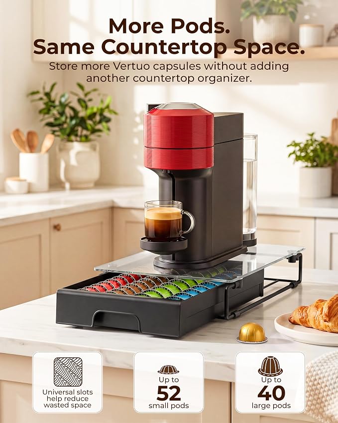 EVERIE Nespresso Vertuo Pod Holder Drawer, Coffee Pod Organizer with Universal Slots, Holds 40 Large or 52 Small Capsules, Tempered Glass Top Storage Drawer for Coffee Makers, 12" x 16.5" x 3.5"