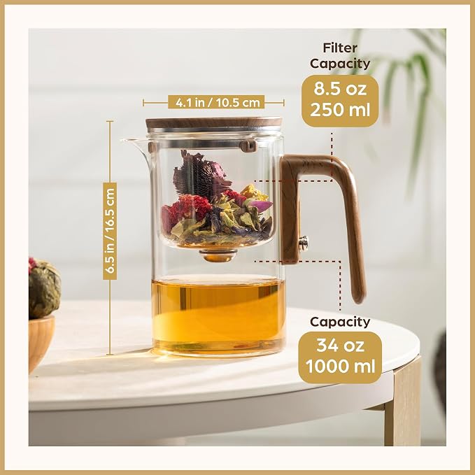 Magic Tea Pot - Modern Glass Infuser Tea pot - Water Separation Enchanted Teapot with Heat-Resistant Handle - Elegant Gift Box & Writable Card - Perfect for Loose Leaf Tea - 1000 ML (34oz)
