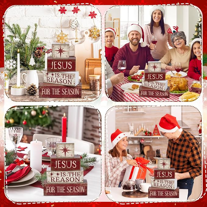 Lineshading 4 Pcs Christmas Farmhouse Wooden Block Signs Jesus Tiered Tray | Rustic Distressed Wood, Stackable for Tiered Shelf Mantel Tabletop, Christmas Seasonal Home Decor, Farmhouse Gift