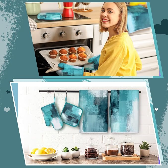 Bencailor 6 Pcs Teal Kitchen Accessories Teal Kitchen Towels Pot Holders and Oven Mitts Turquoise Farmhouse Cooking Mittens Oven Glove and Potholder for Baking Cooking Grilling Supply Accessories