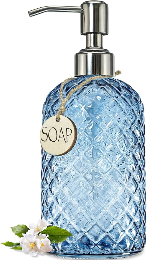 JASAI 18Oz Gem Patterned Glass Soap Dispenser for Kitchen and Bathroom | Refillable Hand soap Dispenser with Rust Proof Stainless Steel Pump, Clear Soap Dispenser Bathroom for Dish Soap, Hand Soap.