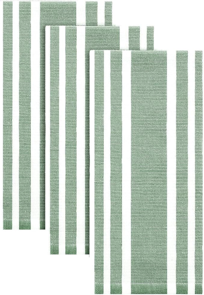 Homaxy Premium Cotton Stripe Kitchen Towels 3 Pack, 18"x 28", Grass Green | Large 380 GSM Kitchen Hand Towels, Soft Terry Dish Towels, Highly Absorbent Tea Towel Set with Hanging Loop