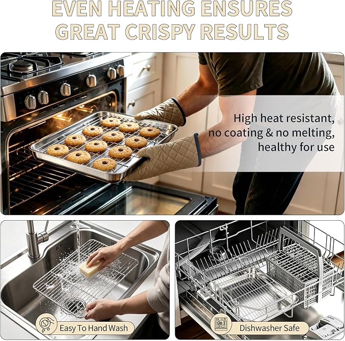 TeamFar Stainless Steel Baking Sheet with Rack Set, 16"x12"x1" | 2 Pans + 2 Racks, Cookie Sheet Baking Pan Tray with Cooling Rack for Cooking, Non-Toxic & Rust Proof, Dishwasher Safe