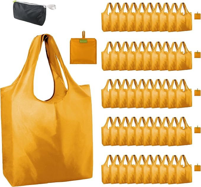 BeeGreen Orange Reusable Grocery Bags Wholesale Pumpkin Reusable Kitchen Bags Bulk Foldable-Machine Washable with Zipper Storage Pouch 50 Packs