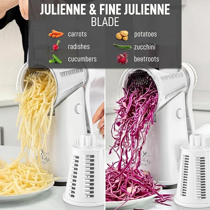 Zulay Kitchen Rotary Cheese Grater 5 Blade Cheese Shredder - Manual Hand Crank Cheese Grater With Reinforced Suction & 5 Interchangeable Drums - Easy to Use, Vegetable Chopper Round Mandoline Slicer