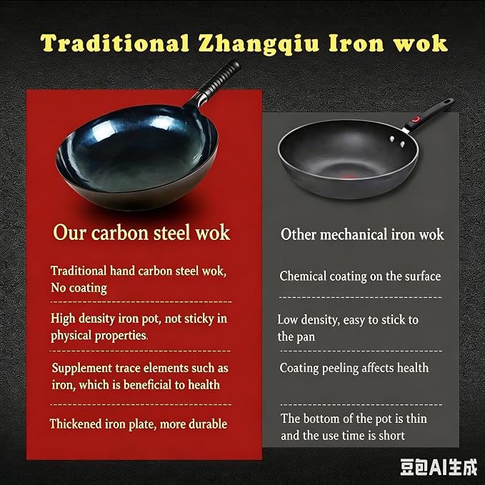 13-Inch Carbon Steel Wok, Round Bottom Traditional Chinese Wok with Rubber Handle and Wooden Lid, Uncoated Non-Stick Wok for Gas Stoves, Home Cooking, Camping, and as a Gift